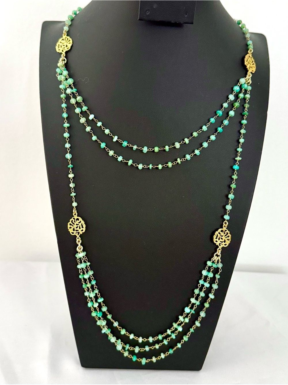 Tweeds Chrysoprase Bead Necklace Gold Plated Sterling Silver Filigree 17 In NWT